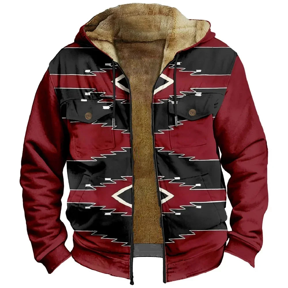 Retro Aztec Geometric Winter Jacket – Men's Plush Thick Streetwear Hunting Coat with Art Graphics & Fleece Lining - Premium jacket from Lizard Vigilante - Just $56.66! Shop now at Lizard Vigilante