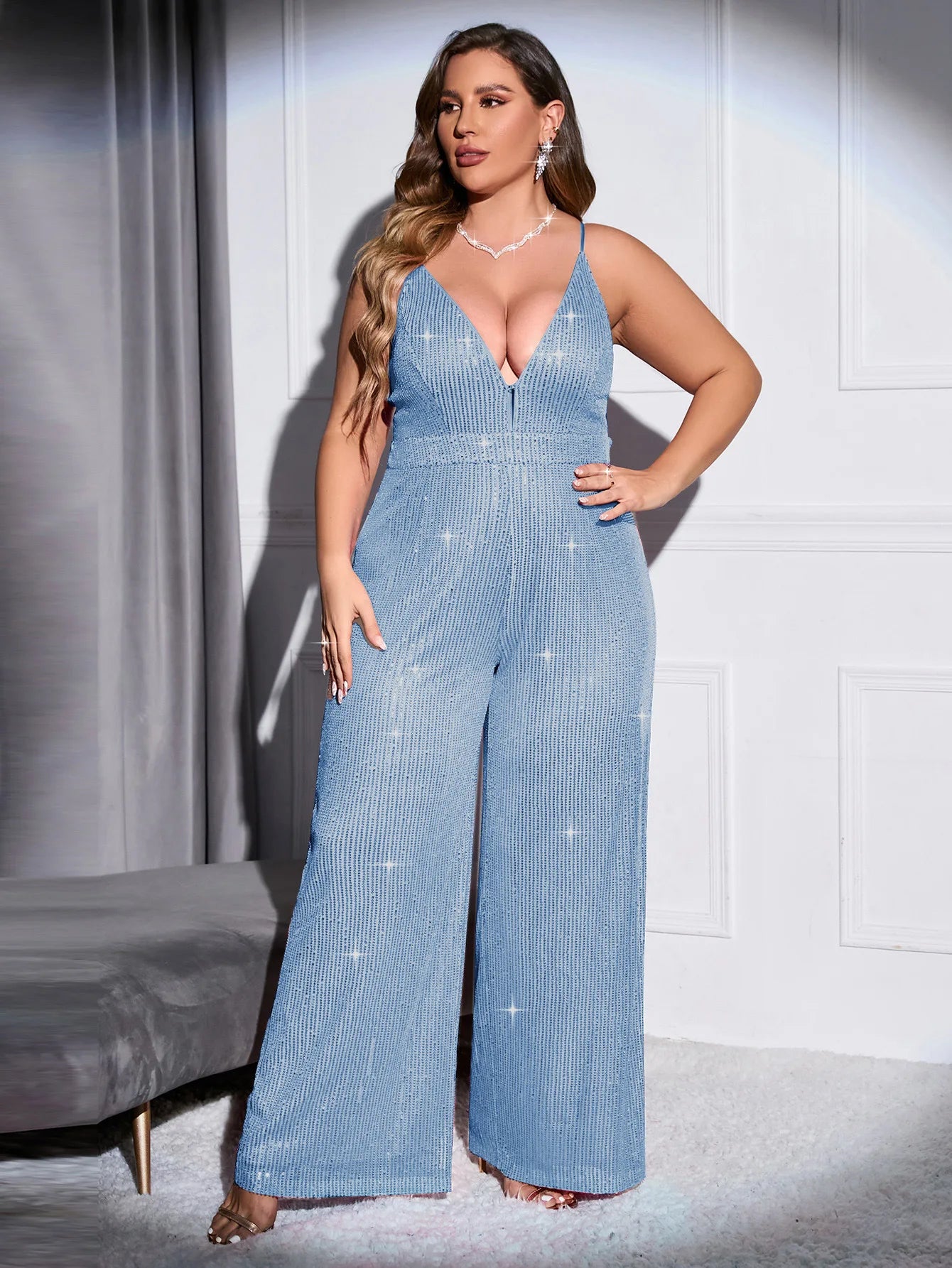 Cinemore 2023 Chic and Elegant Women Jumpsuit Plus Size Sequin Wide Leg trousers Deep V Neck Sexy Cami dresses for Prom Bodysuit - Premium  from Lizard Vigilante - Just $61.99! Shop now at Lizard Vigilante