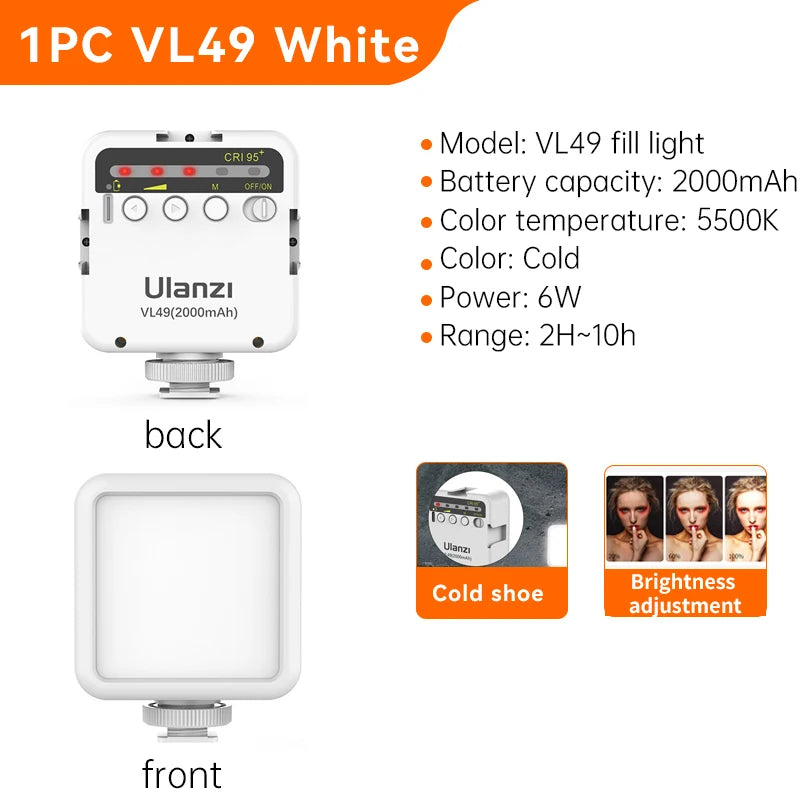 Mini Vlog LED Fill Light White 2000mAh 5500K Ulanzi VL49 6W Zoom Lighting Photographic Lighting Video Phone Selfie Fill Lamps - Lizard Vigilante