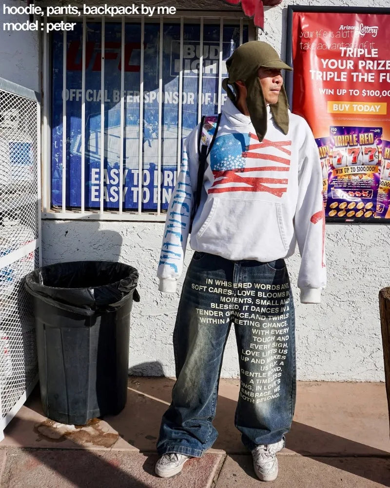 Rebel Code Wide Leg Jeans – Y2K American Gothic Denim With Street Print Anarchy Style 🖤🇺🇸