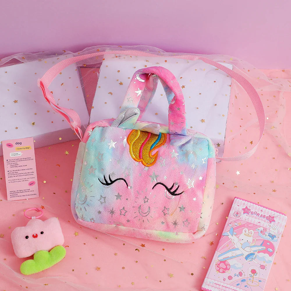 Plush Unicorn Single Shoulder Crossbody Bag for Children's Coin Purse Girl Travel Handbag Cute Student Gift Storage Pencil Bags