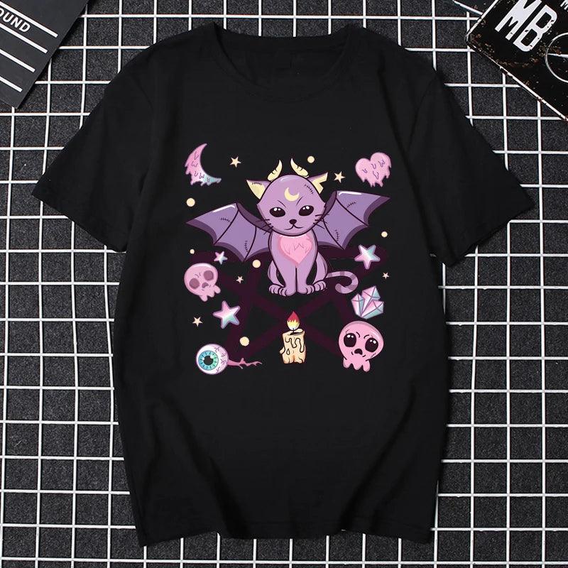 Women Halloween Pastel Goth Cute Creepy Demon Cat and Skull T Shirt Pastel Goth Creepy Cat Japanese Manga Printed T-shirt - Premium T-Shirt from Lizard Vigilante - Just $22.99! Shop now at Lizard Vigilante