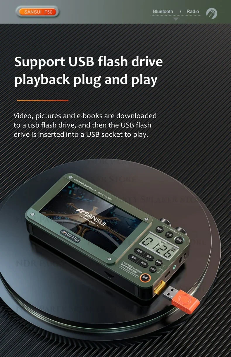 SANSUI Wireless Bluetooth Speakers Home Full-band Radio LED HD Video Player Portable MP4 Walkman Built-in Rechargeable Battery