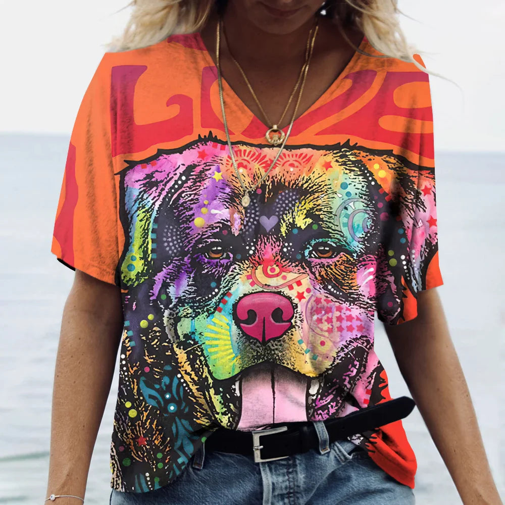 Summer 3D new women's V-neck top short sleeved T-shirt cute dog print casual cute versatile Y2K shirt - Premium T-shirt from Lizard Vigilante - Just $20.99! Shop now at Lizard Vigilante