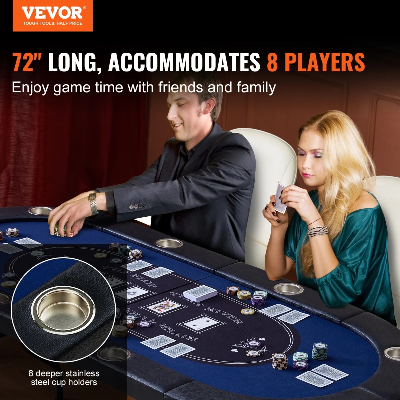 VEVOR 8-Player Foldable Poker Table – Blackjack & Texas Hold'em with Padded Rails & Stainless Steel Cup Holders – Blue Party Game Table - Premium poker table from Lizard Vigilante - Just $288.88! Shop now at Lizard Vigilante