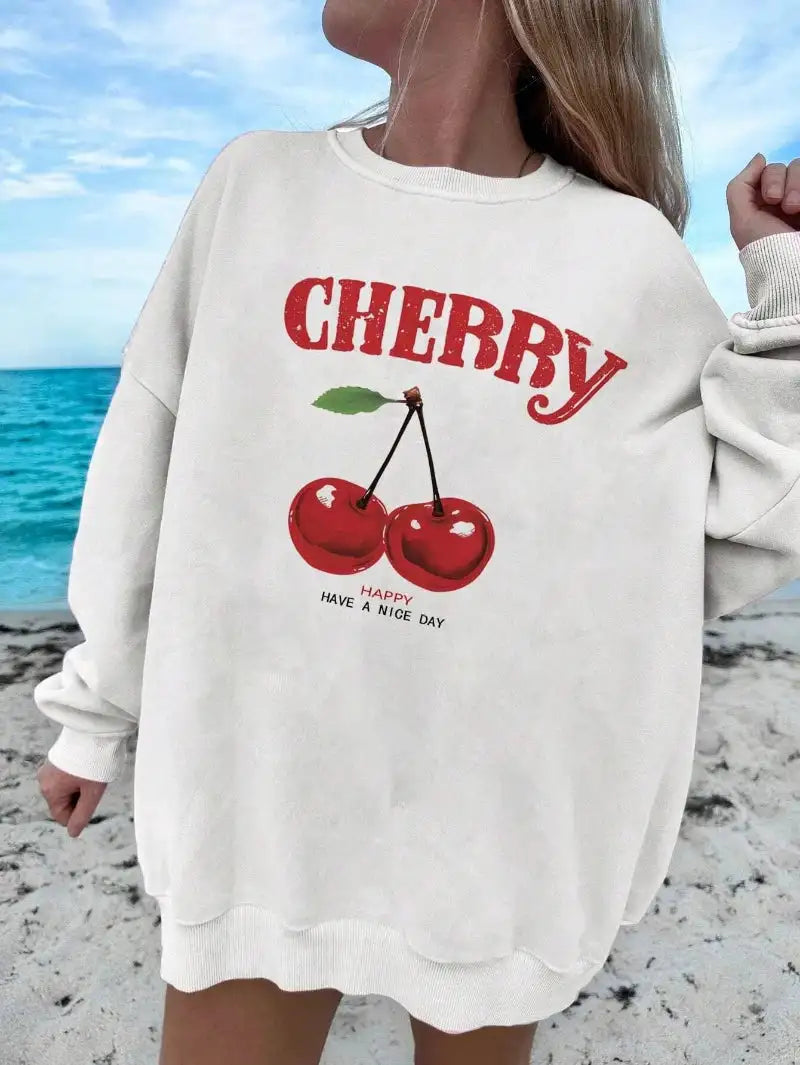 Casual Women's Sweatshirts Cherries Graphic Printing Hoodies Crewneck Fleece Warm Comfortable Pullovers Autumn Winter Streetwear