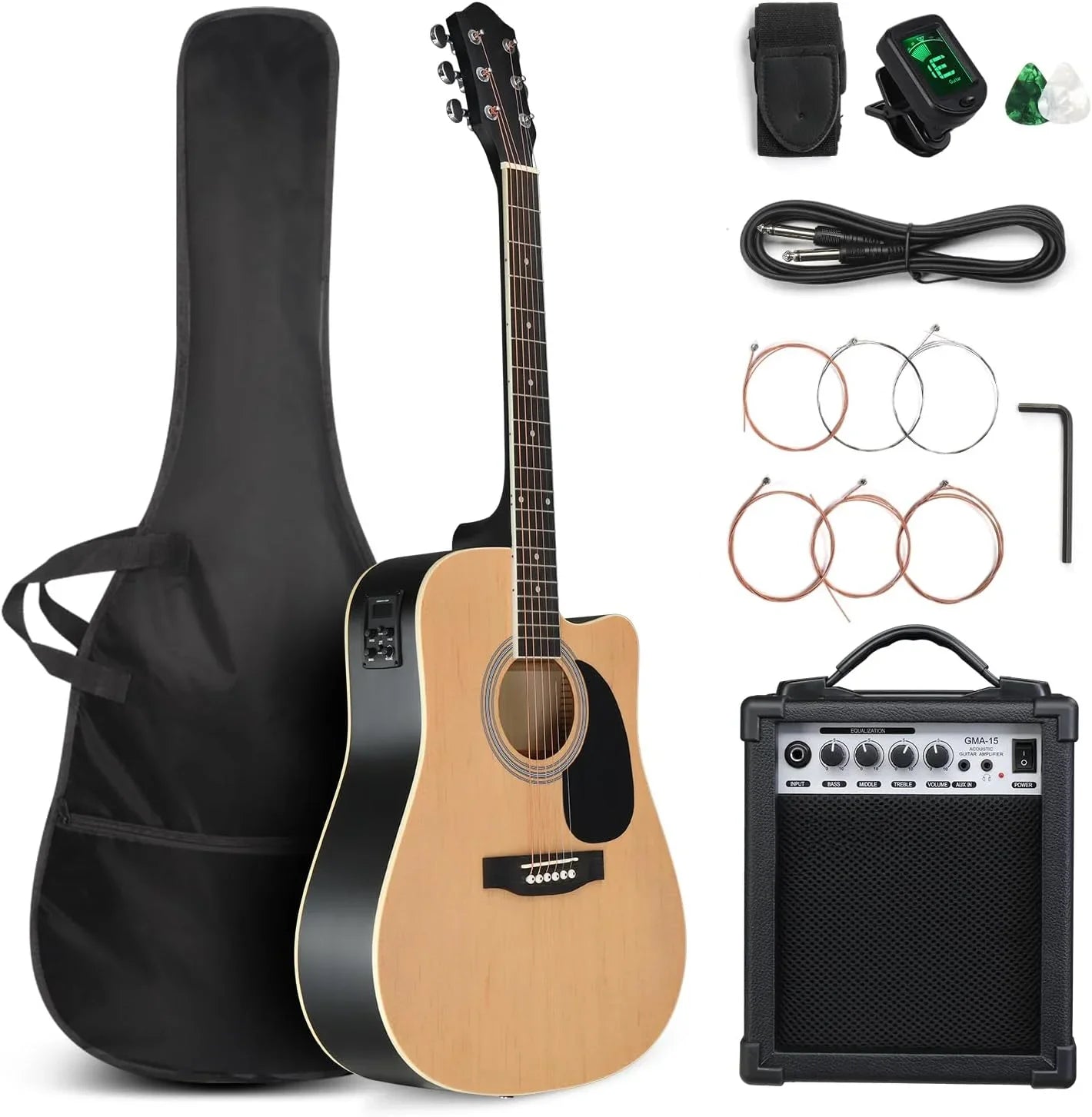 Full Size 6 Strings Acoustic Electric Guitar Beginner Kit w/ 15W Amp,w/Inbuilt Tuner, Bag, Strap, Picks, Strings - Premium  from Lizard Vigilante - Just $176.99! Shop now at Lizard Vigilante