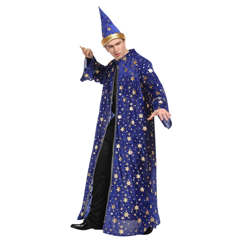 Adult Halloween Men Blue Robe and Hat | Star Moon Magic Magician Wizard Costume | Cosplay Role Playing - Premium costume from Lizard Vigilante - Just $38.88! Shop now at Lizard Vigilante