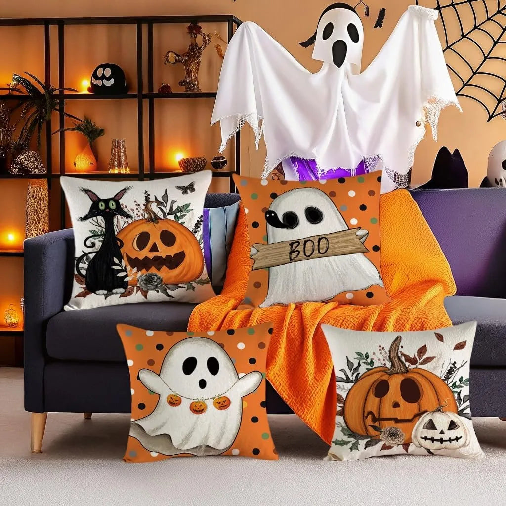 Halloween Pillowcases: Cat, Ghost, and Pumpkin Themed Decor! Sofa cushion cover, holiday party decoration, gift