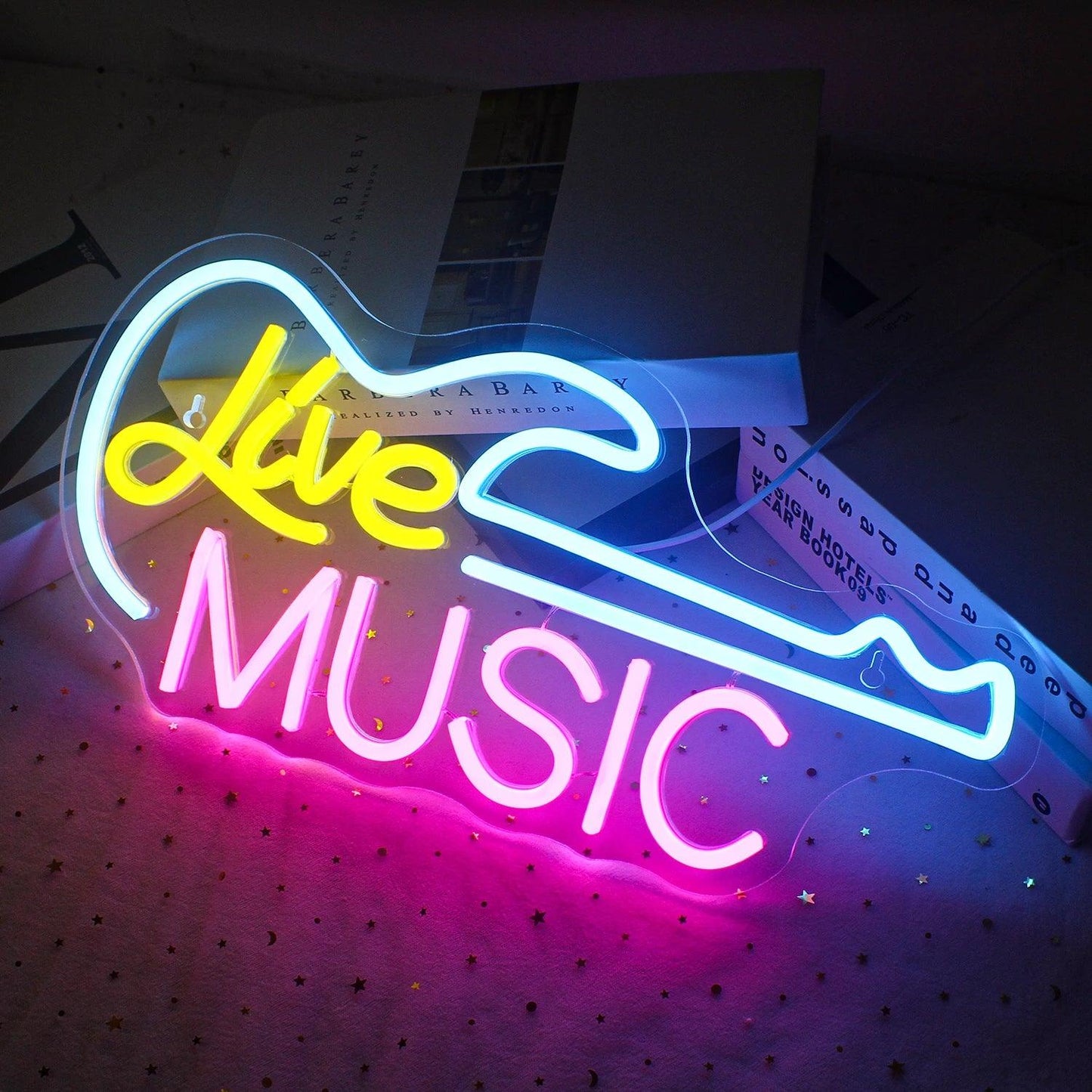 Guitar Live Music Neon Signs Guitar Led Light up Sign with USB for Music Wall Decor Live Music Bedroom Party Bar Music Club - Lizard Vigilante