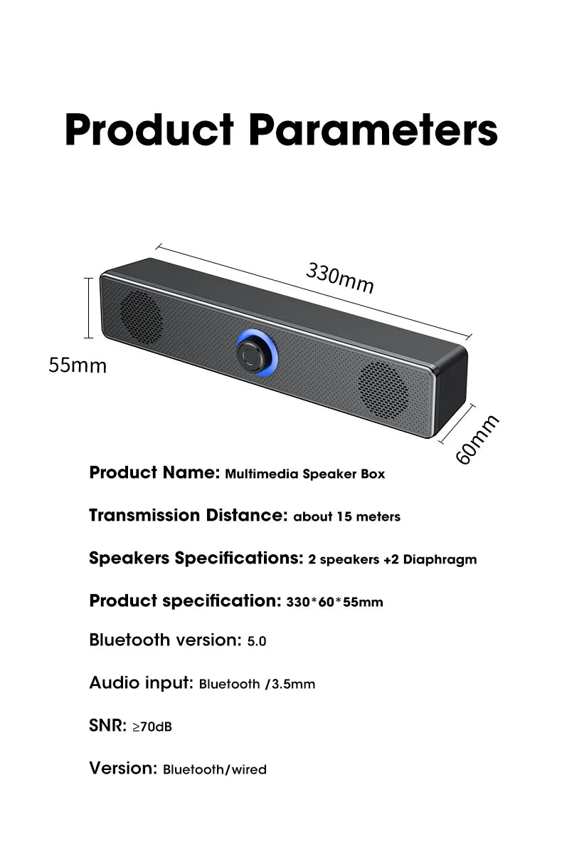 Salange Bluetooth Speaker USB Wired 3.5mm Port Sound Bar for PC Game Console Smartphone Laptop Tablet Black Desk Set Long