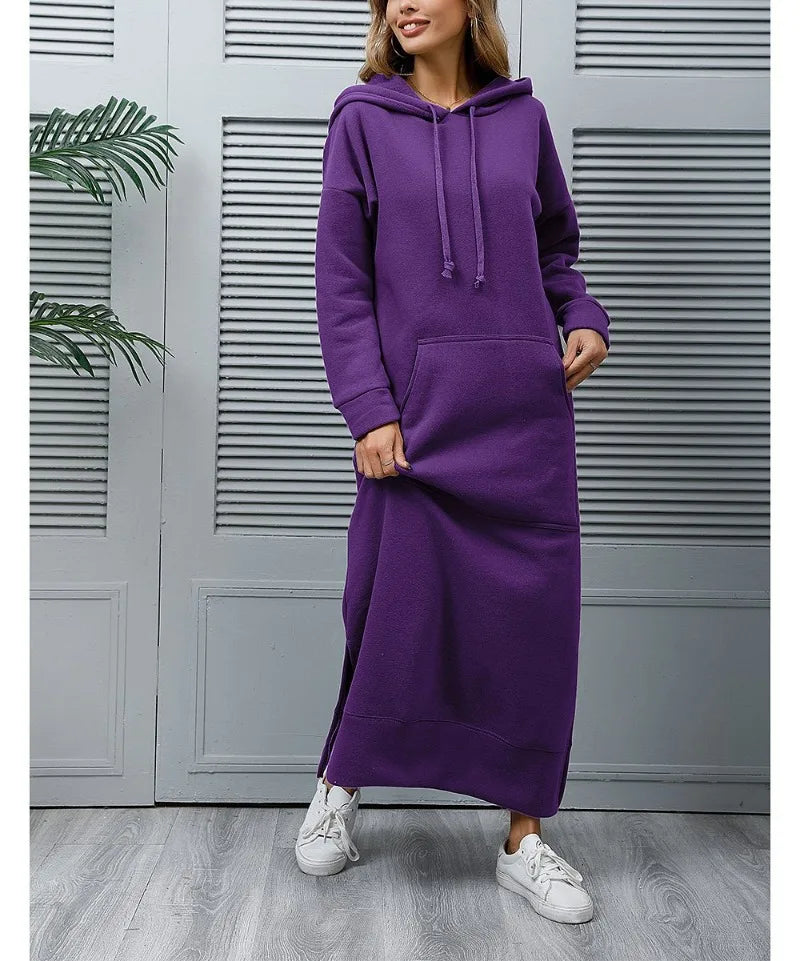 Women’s Hoodie Dress Winter Warm Lace-Up Hem Long Sweatshirt Casual Loose Midi Robe