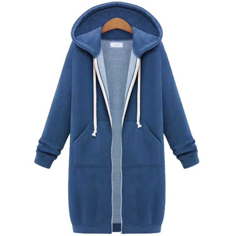 Women’s Long Hooded Sweatshirt Thick Loose Solid Color Pocket Coat Autumn Winter Fashion Hoodie