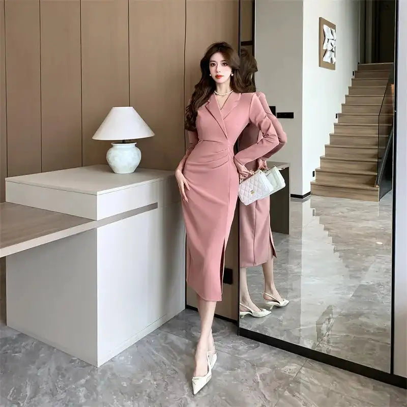 Women Pink Pleated Bodycon Formal Long Dress Autumn Winter Long Sleeve Chic Suit Dress 2025 Korean Fashion Elegant Party Dresses