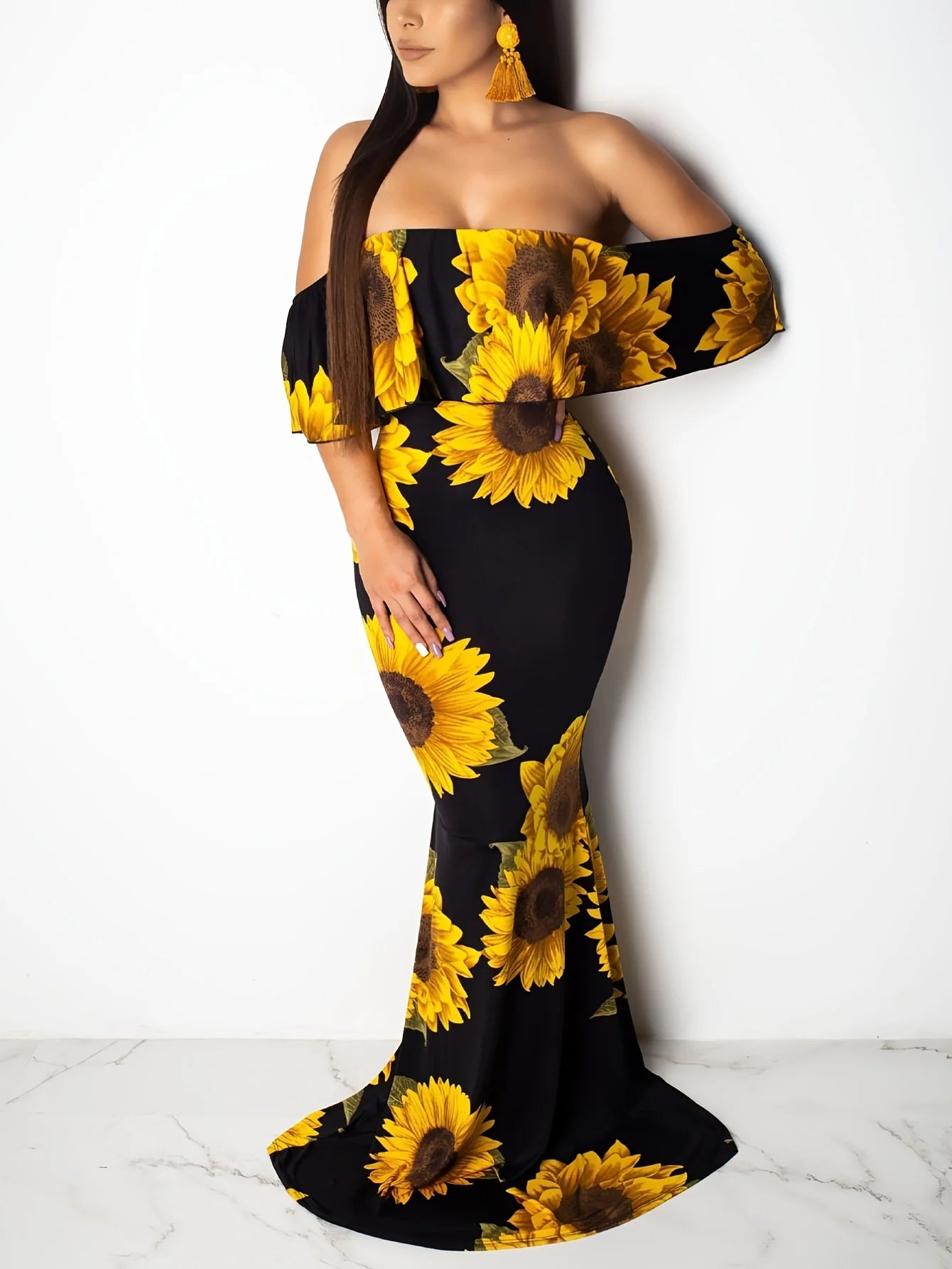 Women Rose Sunflower Floral Print Strapless Sexy Bodycon Slash Neck Off Shoulder Short Sleeve Polyester Floor Length Maxi Dress - Premium  from Lizard Vigilante - Just $51.99! Shop now at Lizard Vigilante