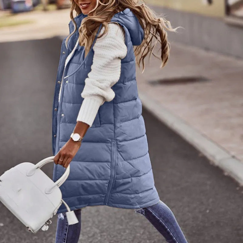 Women's Long Hooded Cotton Down Vest | Quilted Sleeveless Jacket | Warm Autumn/Winter Outwear (5XL) - Premium vest from Lizard Vigilante - Just $41.99! Shop now at Lizard Vigilante