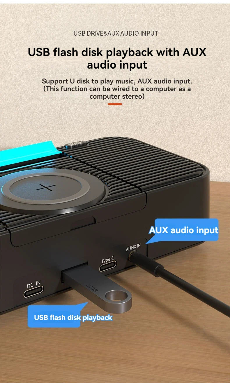 Portable Bluetooth Speaker with Wireless Charging Atmosphere Light Clock Alarm Function Double Speaker USB Charging