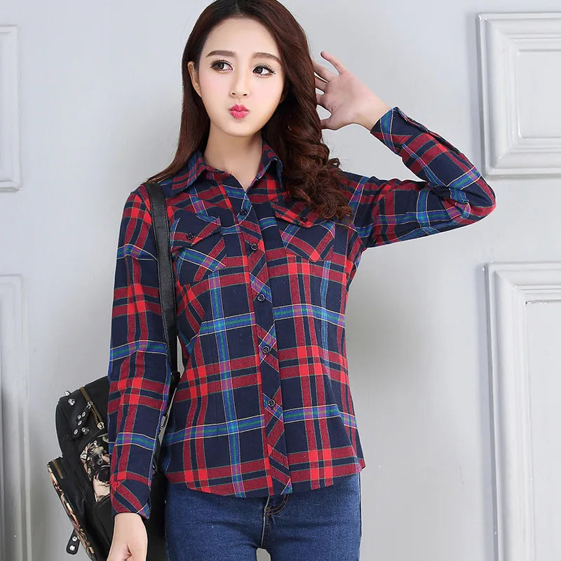 Women’s Cotton Flannel Plaid Shirt – College Style Long Sleeve Blouse with Pockets – Timeless Casual Elegance - Premium shirt from Lizard Vigilante - Just $38.88! Shop now at Lizard Vigilante