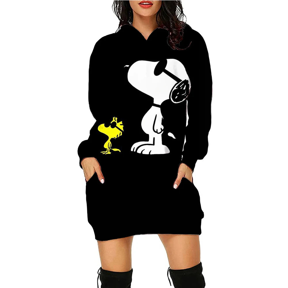 Snoopy Women’s Hoodie Dress – Y2K Streetwear 3D Cartoon Pullover Winter Fashion