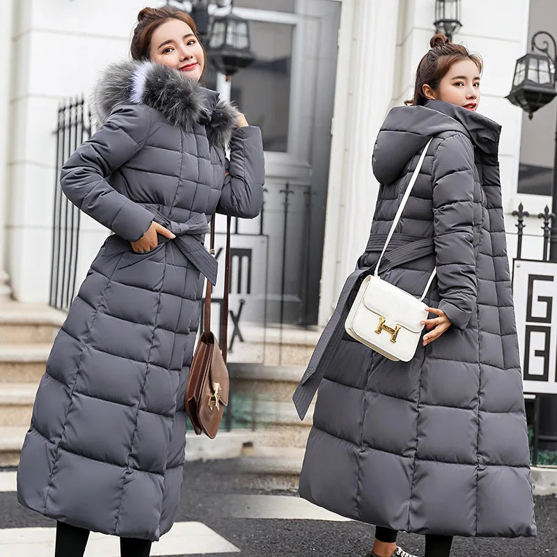 UHYTGF 2024 Winter Women's Long Parka – Bow Belt Fox Fur Collar Oversized Vintage Thick Coat - Premium coat from Lizard Vigilante - Just $58.88! Shop now at Lizard Vigilante