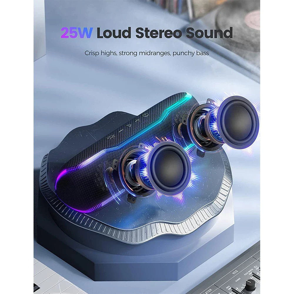 WISETIGER Bluetooth Speaker Outdoor IPX7 Waterproof 25W BT5.3 Loudspeaker Stereo Surround Speaker with Cool Pulsing EQ Lights