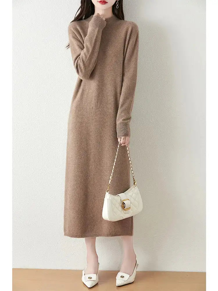 Autumn Winter Women's Wool Long Dress Cashmere Mock Neck Pullover Sweater 100% Merino Wool Soft Knitwear OL Simple Basic Dress