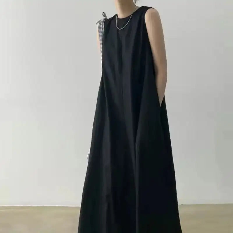 2022 Minimalist Chic Loose Swing Sleeveless Mid-length Casual Cotton Linen Long Dress  Round Neck High Waist Women Runway Dress