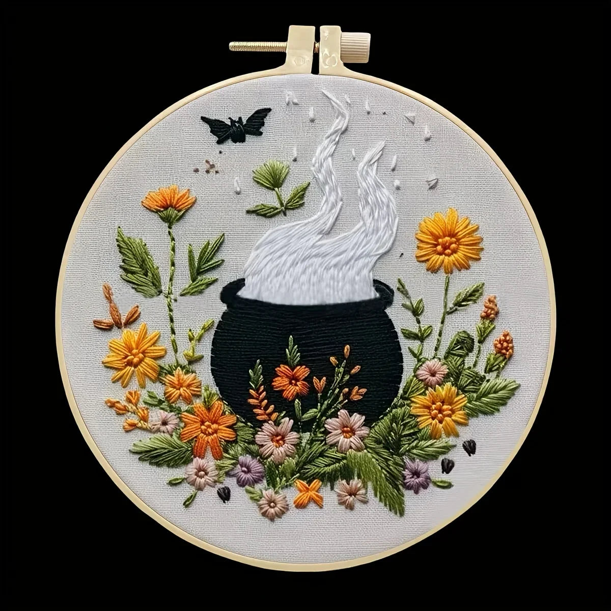 Halloween-themed pattern hand-embroidery DIY set material package, the set includes needles, threads, embroidery strips, and an