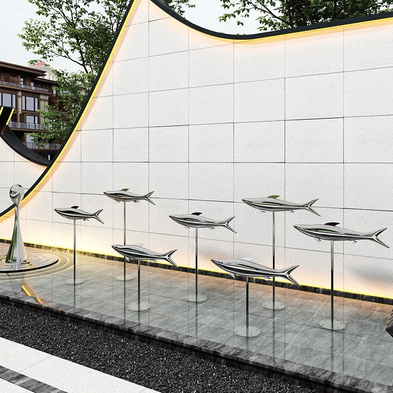 Stainless steel fish sculpture, outdoor lawn, pool, landscape decoration, mirror, crafts