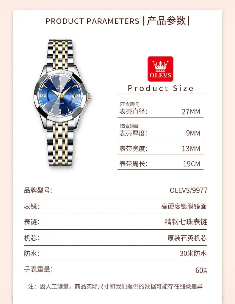 OLEVS Original Brand Elegant Women's Watches Waterproof Luminous Quartz Watch for Lady Necklace Bracelet Gift Box Set Calendar