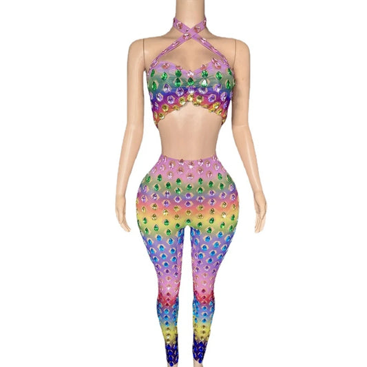 Colorful Crystals Crop Top Pants Two Pieces Set For Stage Wear - Premium Crop Top from Lizard Vigilante - Just $99.99! Shop now at Lizard Vigilante