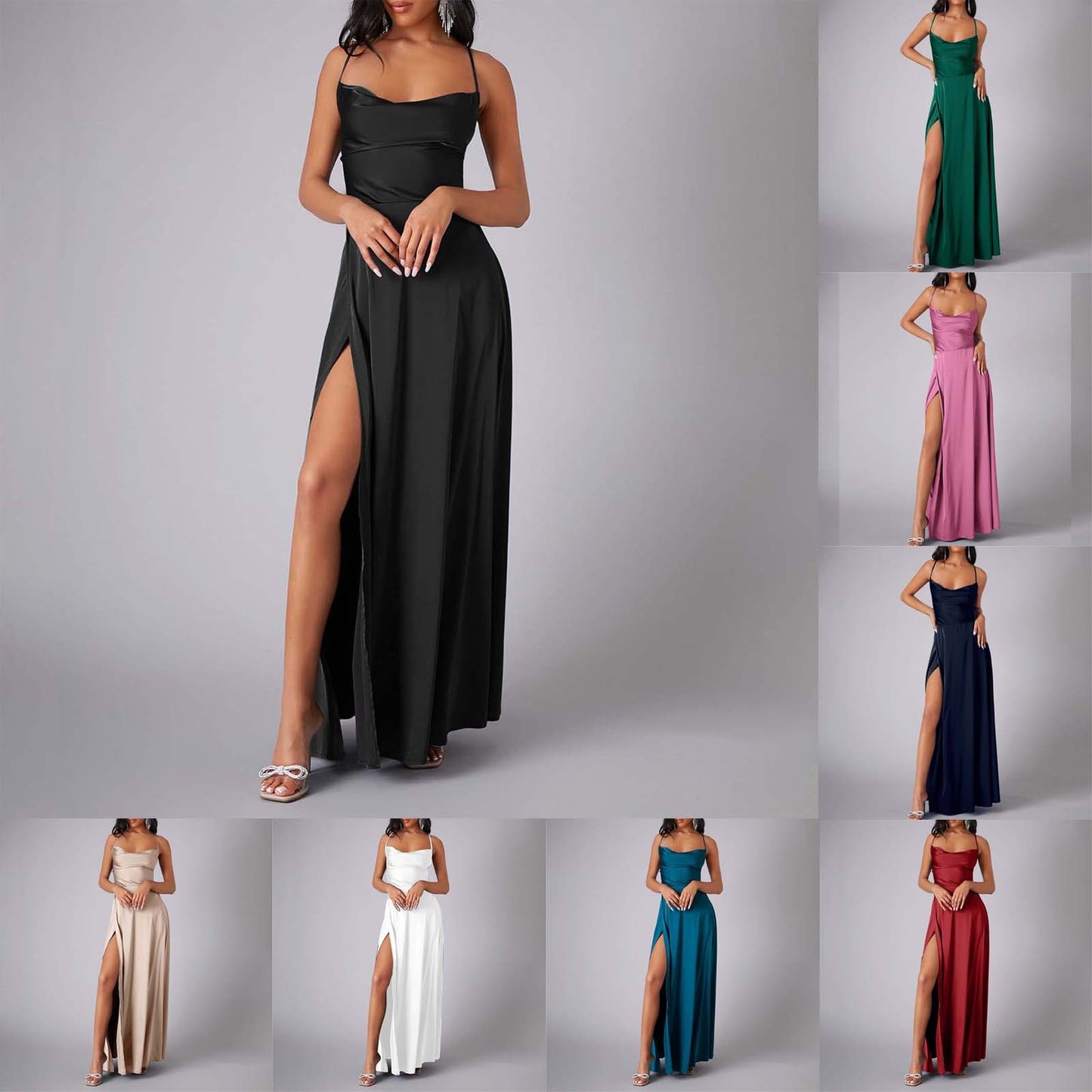 Elegant Women Sexy Satin Prom Dress Summer Sexy Blue High Slits Graduate Evening Long Dress Ladies Backless Lace Up Party Robes - Premium  from Lizard Vigilante - Just $17.99! Shop now at Lizard Vigilante