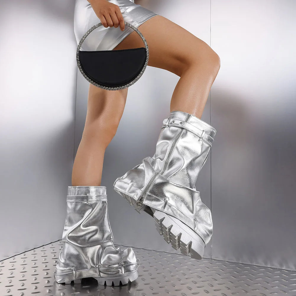 Women's Fold-Over Slouchy Boots – Metallic Silver Pleated Platform Chunky Heel Mid-Calf Boots with Wide Calf Fit - Premium boots from Lizard Vigilante - Just $108.88! Shop now at Lizard Vigilante