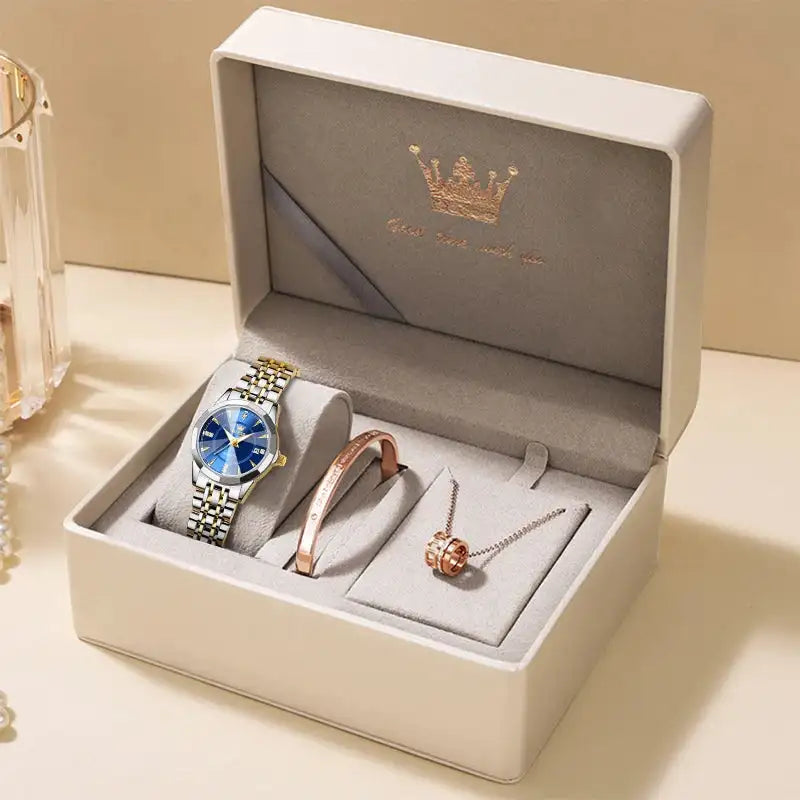 OLEVS Original Brand Elegant Women's Watches Waterproof Luminous Quartz Watch for Lady Necklace Bracelet Gift Box Set Calendar