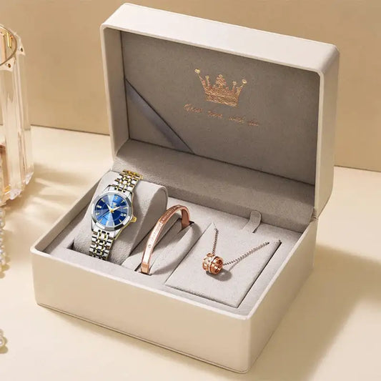 OLEVS Original Brand Elegant Women's Watches Waterproof Luminous Quartz Watch for Lady Necklace Bracelet Gift Box Set Calendar