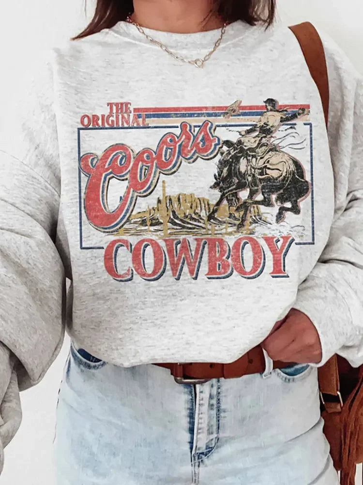 Autumn Vintage Style Cowboy Printing Crewneck Bodycon Sweatshirt Unisex Loose Cotton Thick Warm Women Pullovers Casual Western Tops - Premium tops from Lizard Vigilante - Just $47.99! Shop now at Lizard Vigilante