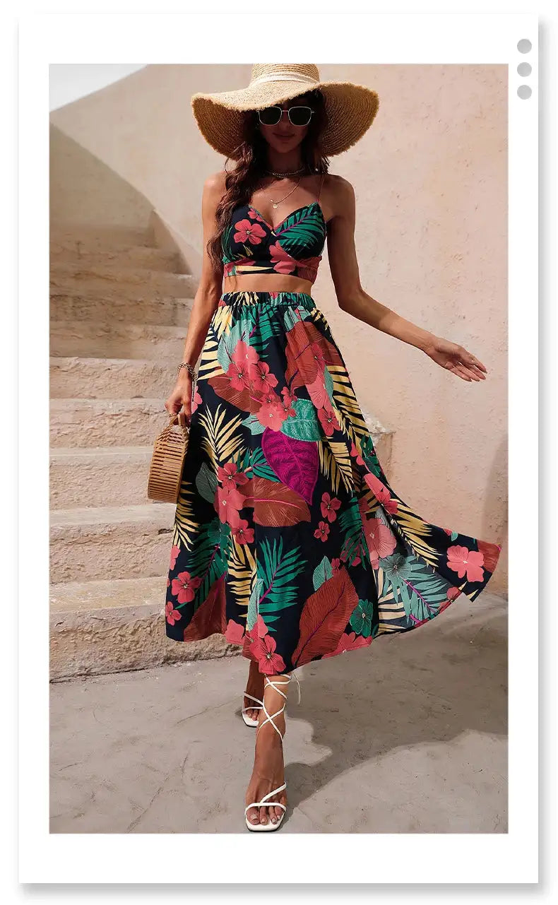 Y2K Bikini Crop Tops Long Dress Sexy Set for Women Summer Fashion Two Pieces Skirt Beach Style Floral Print Midi Sexy Boho Sets