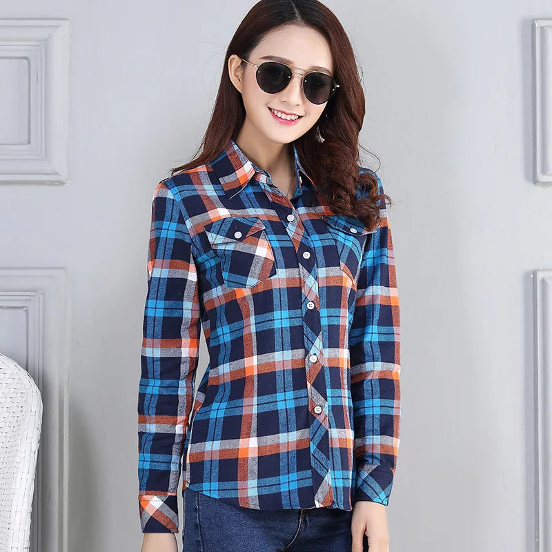 Women’s Cotton Flannel Plaid Shirt – College Style Long Sleeve Blouse with Pockets – Timeless Casual Elegance - Premium shirt from Lizard Vigilante - Just $38.88! Shop now at Lizard Vigilante