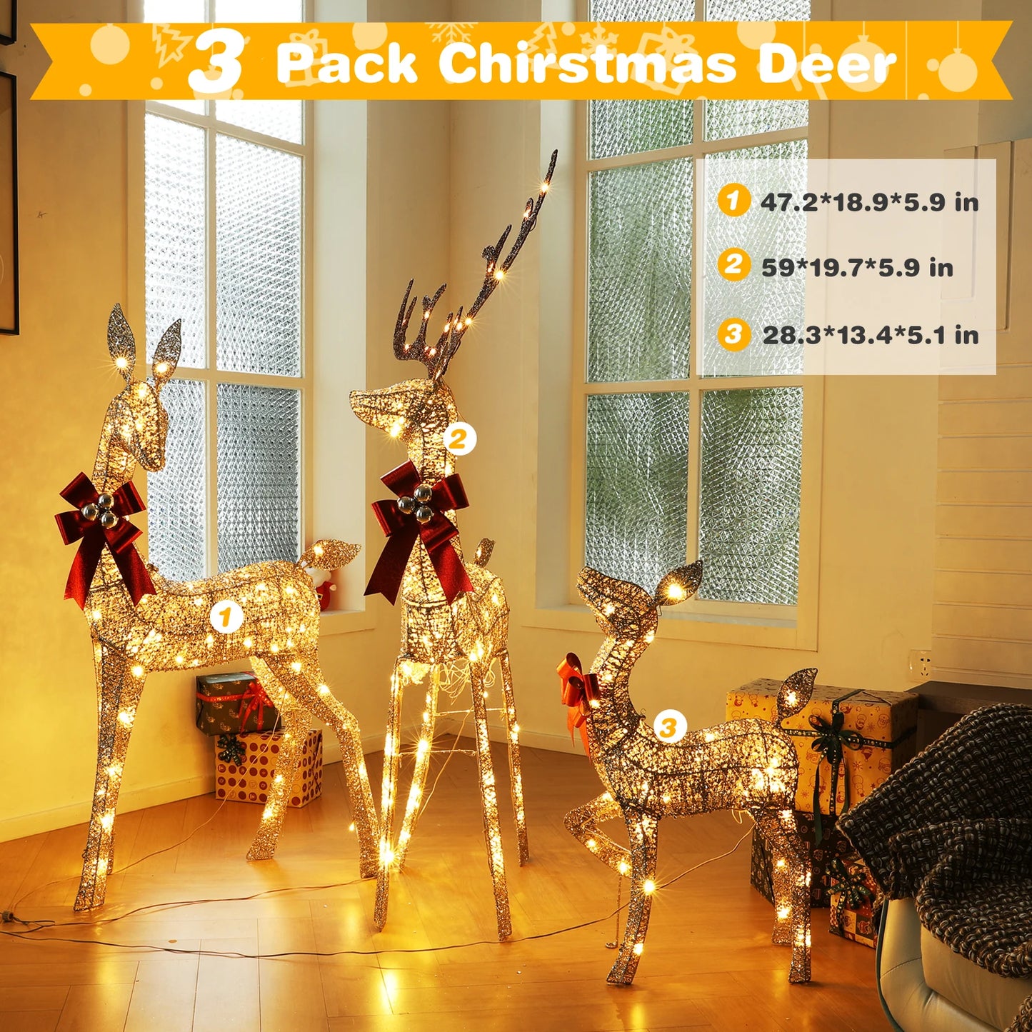 Indoor Outdoor Large Lighted Christmas Deer Family Set Front Yard Porch Holiday Decoration with 160/210 Warm White LED Lights - Premium  from Lizard Vigilante - Just $138.99! Shop now at Lizard Vigilante