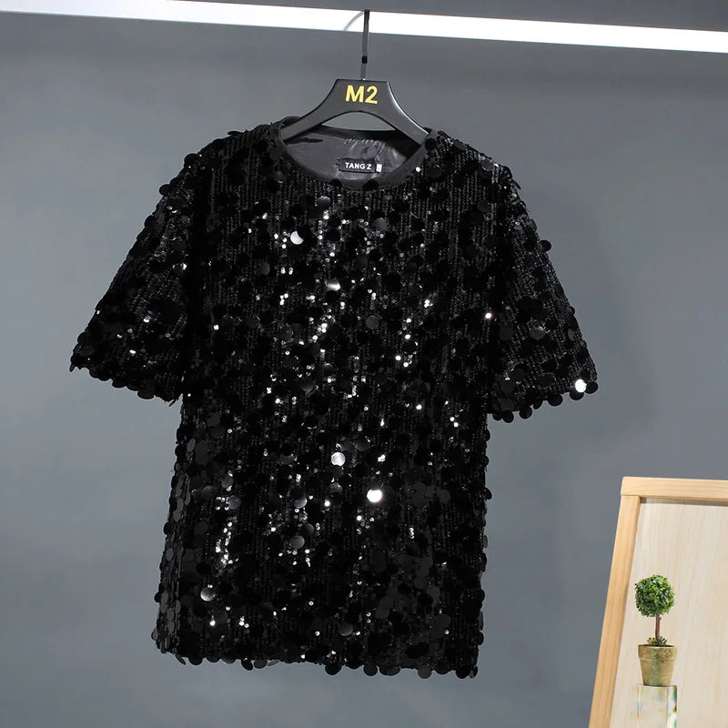 Unisex Sequin Short Sleeve T-Shirts – Streetwear Fashion for Party, Dance, and Chic Summer Vibes | Couple Matching Tops - Premium tee from Lizard Vigilante - Just $48.99! Shop now at Lizard Vigilante