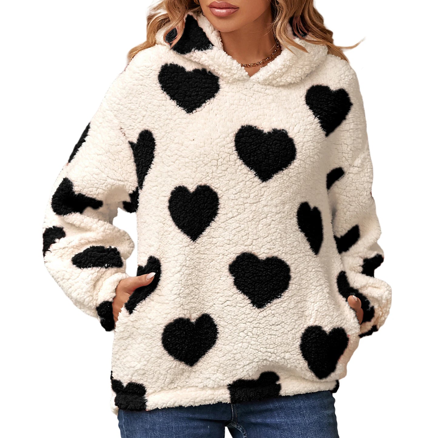 Women's Fuzzy Fleece Hoodies Valentine's Day Sweet Sweatshirts Heart Print Casual Long Sleeves Shaggy Sherpa Pullovers Coat - Premium hoodie from Lizard Vigilante - Just $38.88! Shop now at Lizard Vigilante