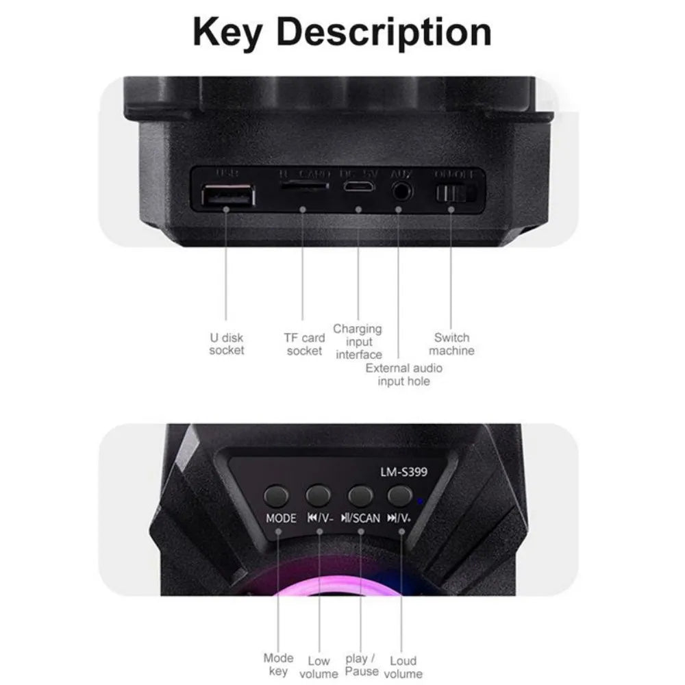 Wireless Bluetooth Speaker with LED Wireless Handheld Speaker Support Wired Microphone/TF Card/U Stick Audio Line Input