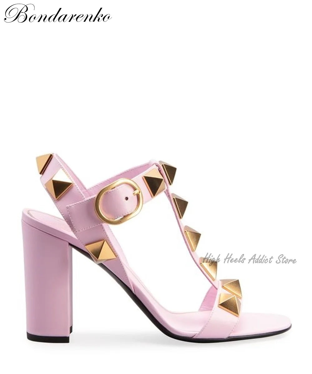 Rockstud Riot Block Heel Sandals 2025 – Pink, Black & White Roman Rebel Edition