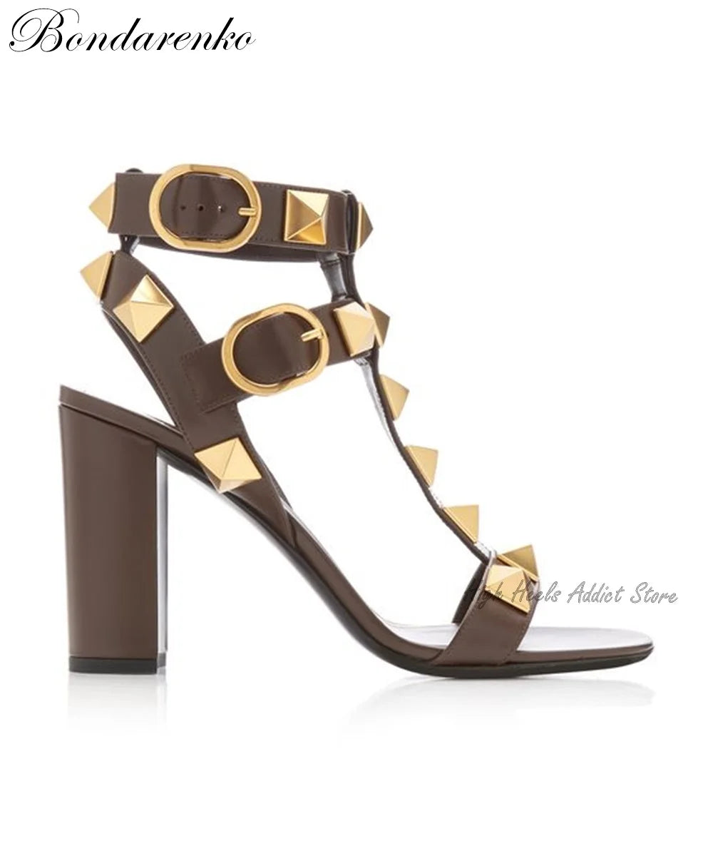 Rockstud Riot Block Heel Sandals 2025 – Pink, Black & White Roman Rebel Edition