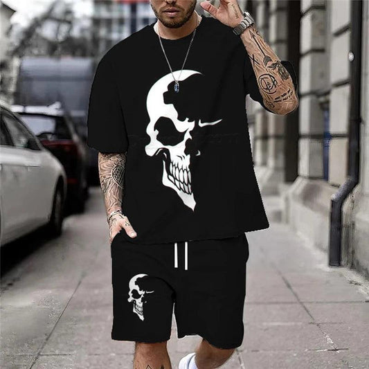 Summer New Casual Men's Skull Print T-Shirt Set Fashion Streetwear Tees Loose Oversized Breathable Soft Short Sleeves And Shorts - Premium tee shirt from Lizard Vigilante - Just $32.99! Shop now at Lizard Vigilante