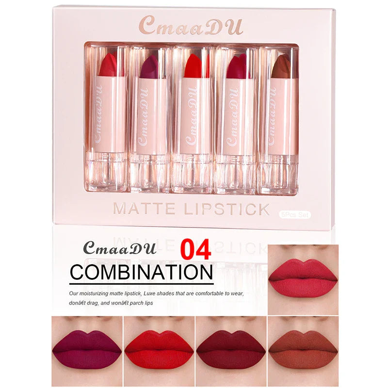 5 Pcs  Matte Lipstick Sets Lip Gloss Moisturizing Long-lasting Easy Makeup Fashion Classic Shades For Daily Date Exquisite Gift