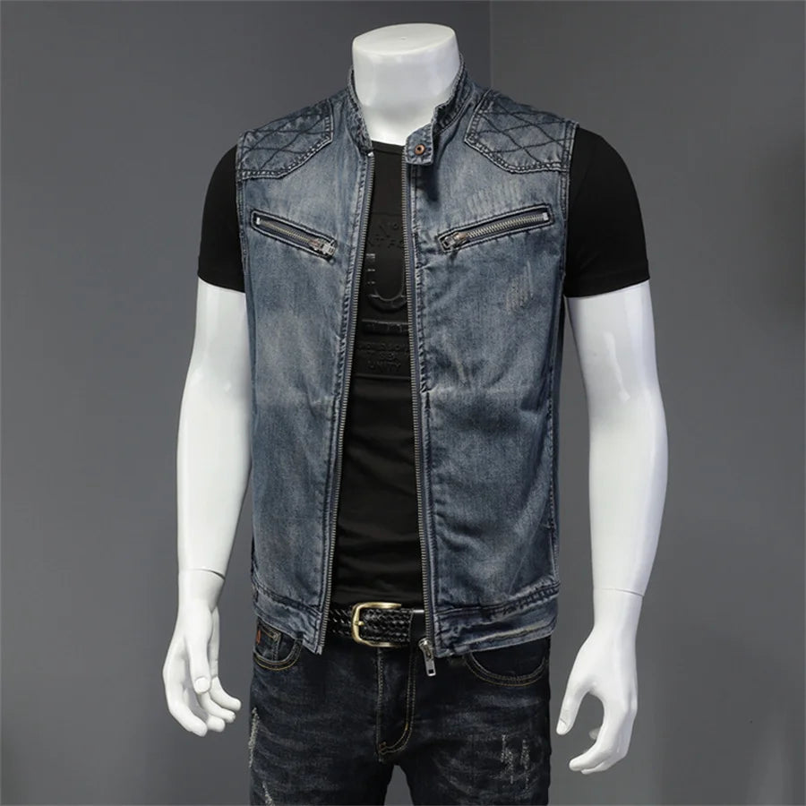 Punk Style Men's Denim Vest Sleeveless Jeans Jacket Men Ripped Slim Fit Waistcoat Stand Collar Cowboy Tops Hip Hop Streetwear - Premium  from Lizard Vigilante - Just $55.99! Shop now at Lizard Vigilante