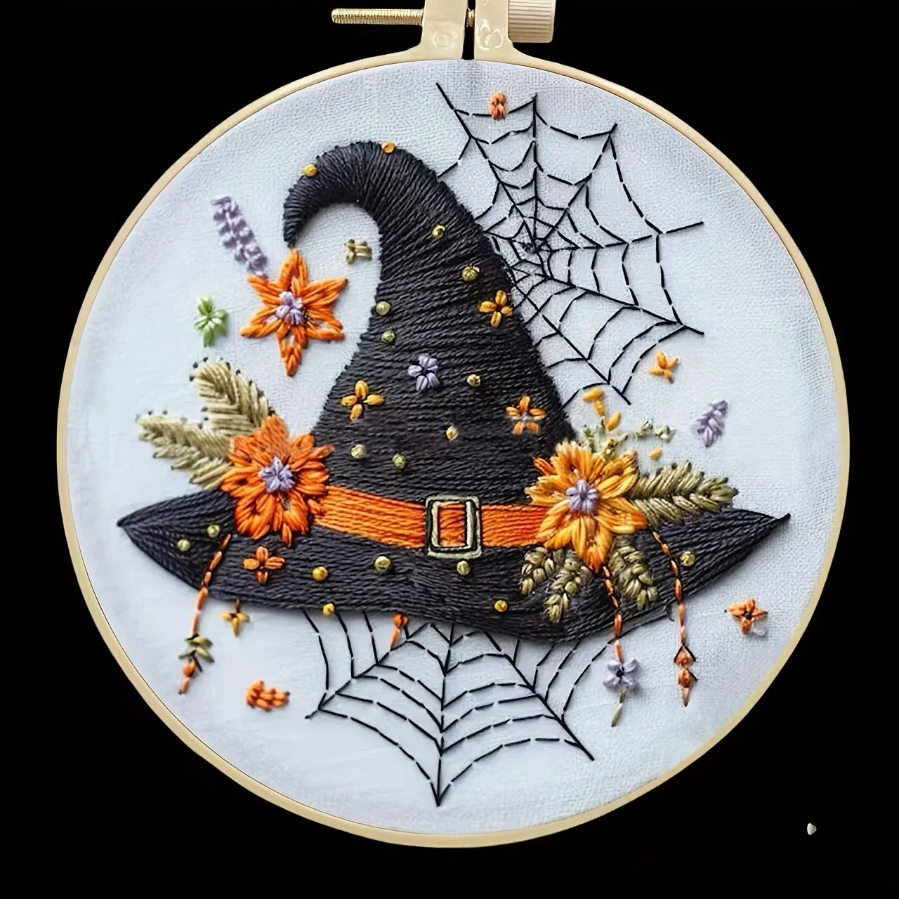 Halloween-themed pattern hand-embroidery DIY set material package, the set includes needles, threads, embroidery strips, and an