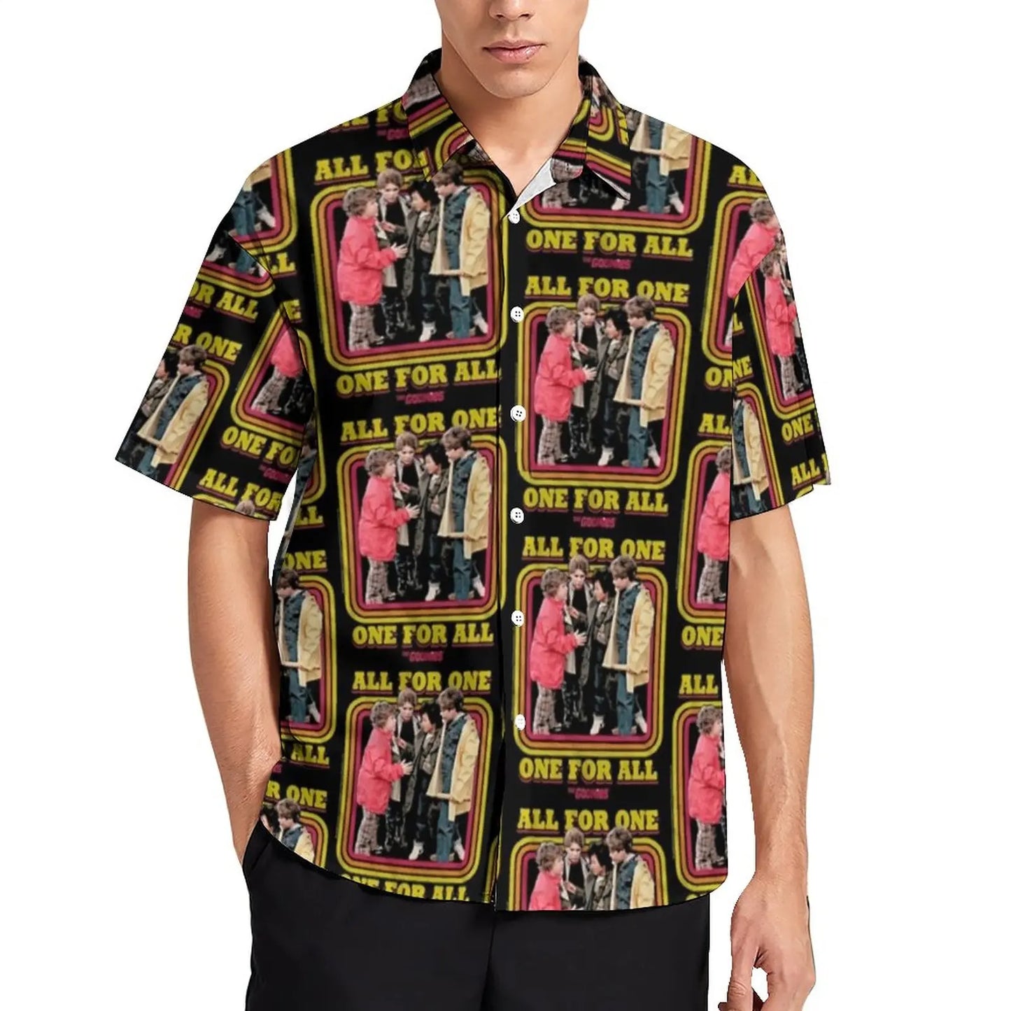 Retro Goonies Print Hawaiian Beach Shirt – 80s Classic Movie-Inspired Casual Button-Up for Men, Plus Size - Premium beach shirt from Lizard Vigilante - Just $26.88! Shop now at Lizard Vigilante