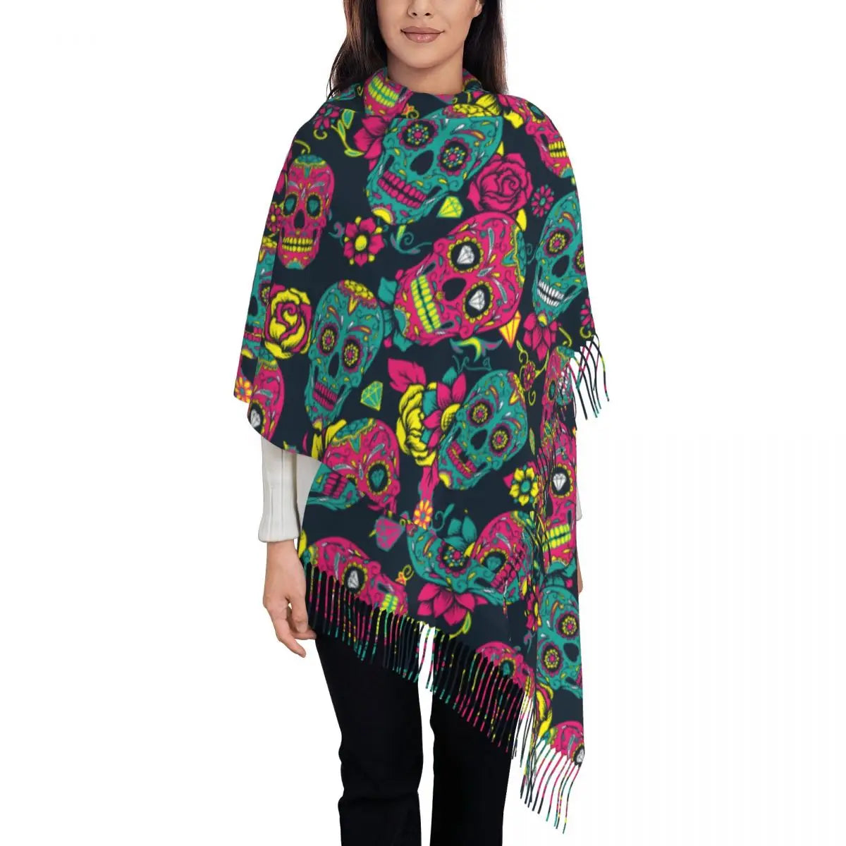 Day of the Dead Sugar Skull Colorful Flower Scarf – Warm Pashmina Shawl, Wrap for Women - Premium scarf from Lizard Vigilante - Just $23.66! Shop now at Lizard Vigilante